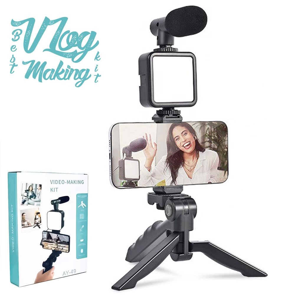 Kit Vlogging AY-49 (Tripé + Luz + Microfone)